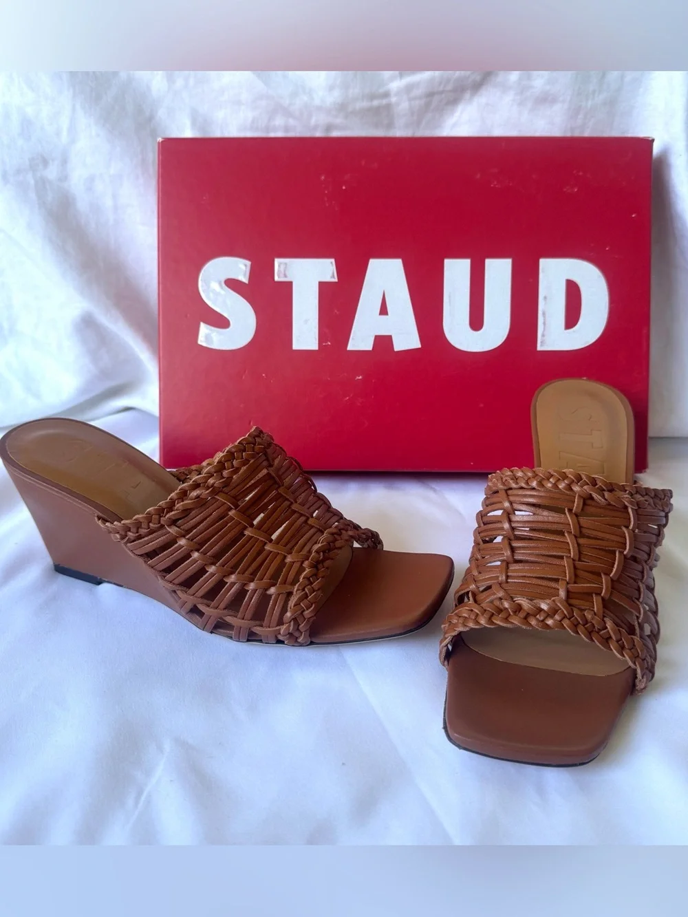 STAUD Blair Woven Wedge Tan Leather